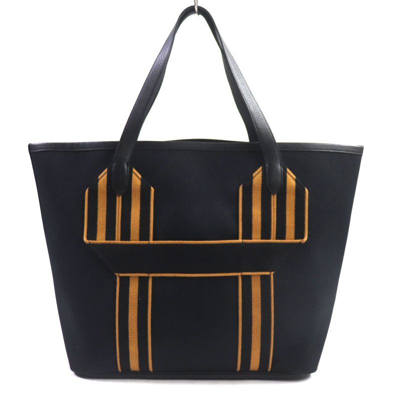 Hermes Pur Sangre Toile Militaire Taurillon Clemence Tote Bag Black Camel