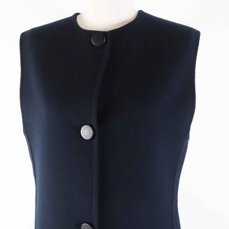 Hermes 23AW 3h0198db 100% Cashmere Double Face Long Vest With Serie Buttons