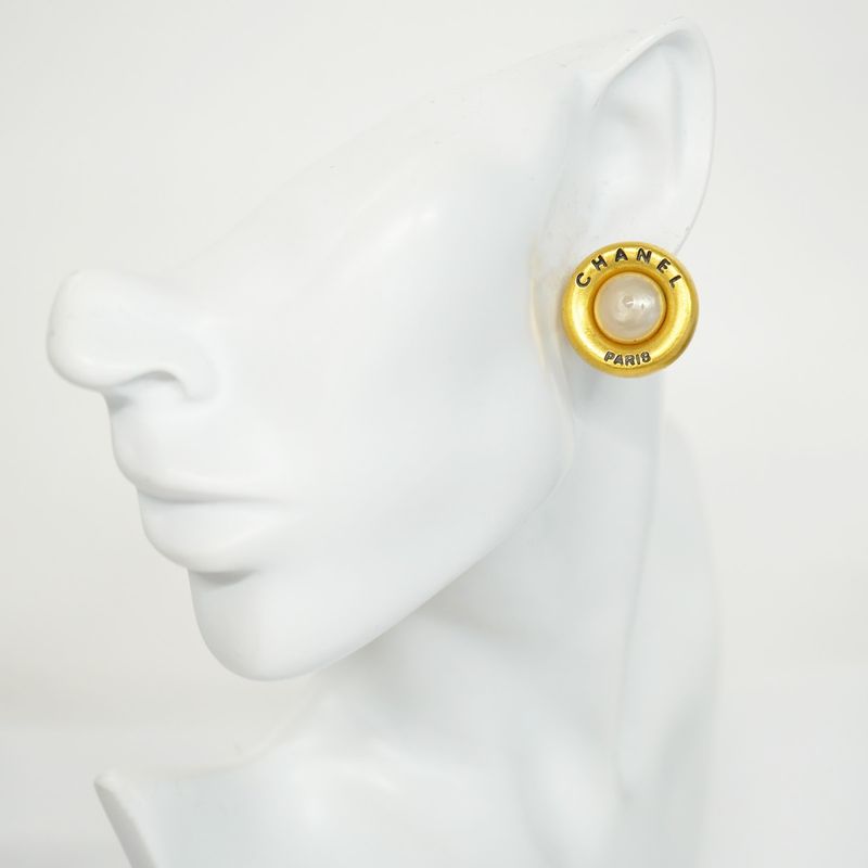 Chanel Earrings Vintage Chanel Logo Round Shape Circle GP Plated Faux Pearl