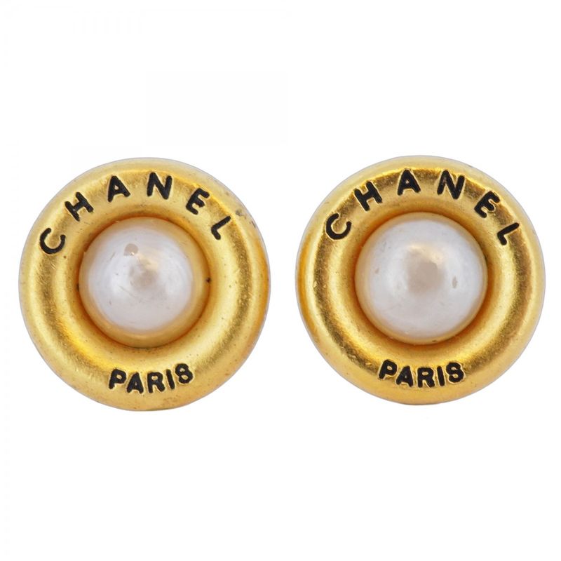 Chanel Earrings Vintage Chanel Logo Round Shape Circle GP Plated Faux Pearl