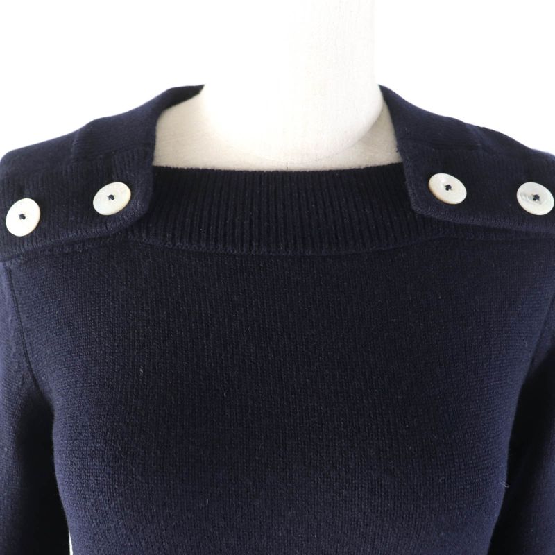 Hermes 100% Cashmere With Serie Buttons Long Sleeves Knit Sweater Top Navy 34