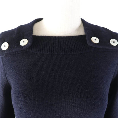 Hermes 100% Cashmere With Serie Buttons Long Sleeves Knit Sweater Top Navy 34