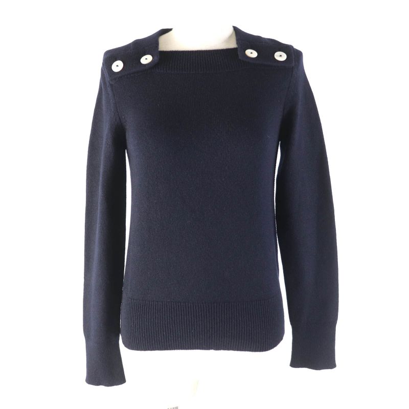 Hermes 100% Cashmere With Serie Buttons Long Sleeves Knit Sweater Top Navy 34