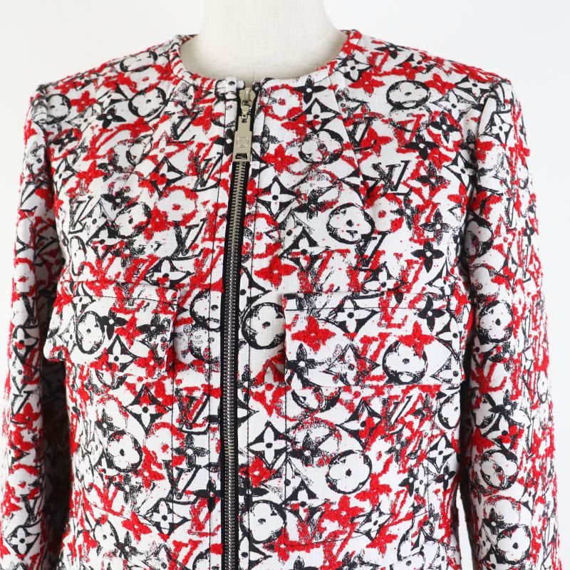 Louis Vuitton 18SS Monogram Jacquard Collarless Zip-up Long Coat Red White