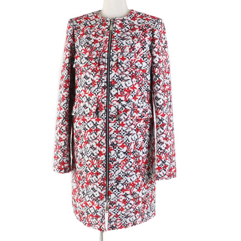Louis Vuitton 18SS Monogram Jacquard Collarless Zip-up Long Coat Red White