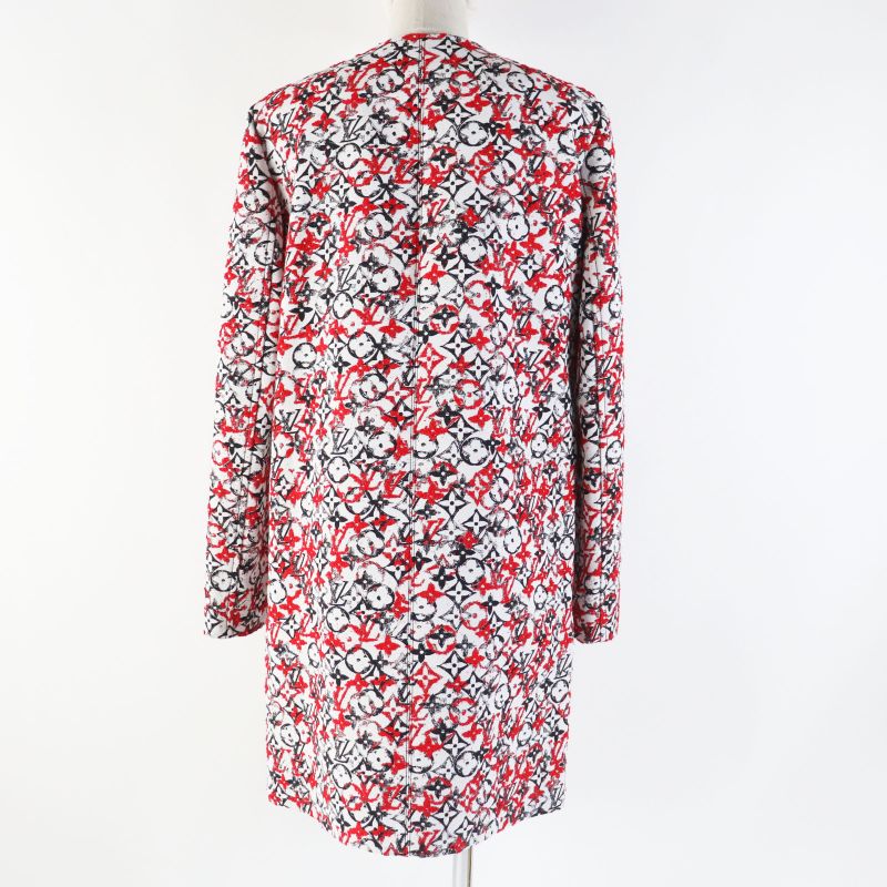 Louis Vuitton 18SS Monogram Jacquard Collarless Zip-up Long Coat Red White