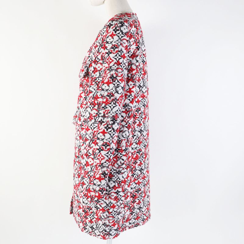 Louis Vuitton 18SS Monogram Jacquard Collarless Zip-up Long Coat Red White