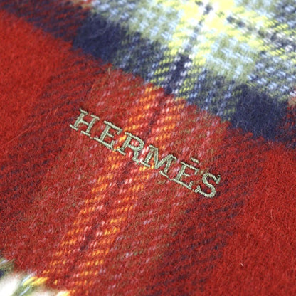 Hermes Back To School 100% Cashmere Checkered Logo Embroidery Fringe Scarf Red