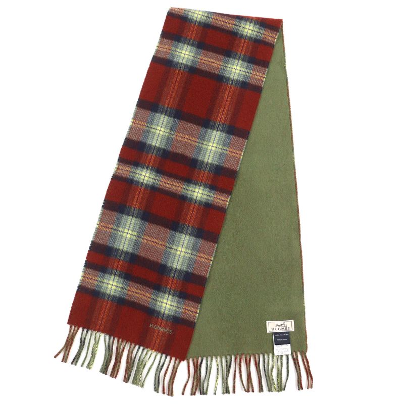 Hermes Back To School 100% Cashmere Checkered Logo Embroidery Fringe Scarf Red