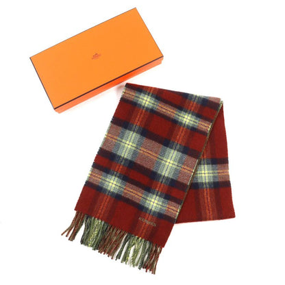 Hermes Back To School 100% Cashmere Checkered Logo Embroidery Fringe Scarf Red