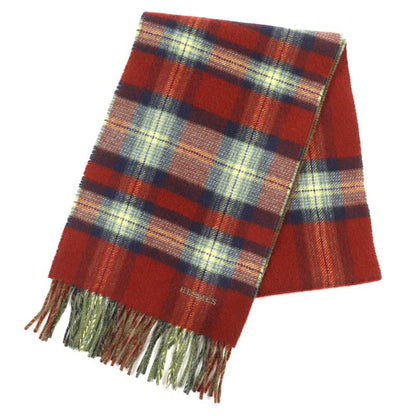 Hermes Back To School 100% Cashmere Checkered Logo Embroidery Fringe Scarf Red