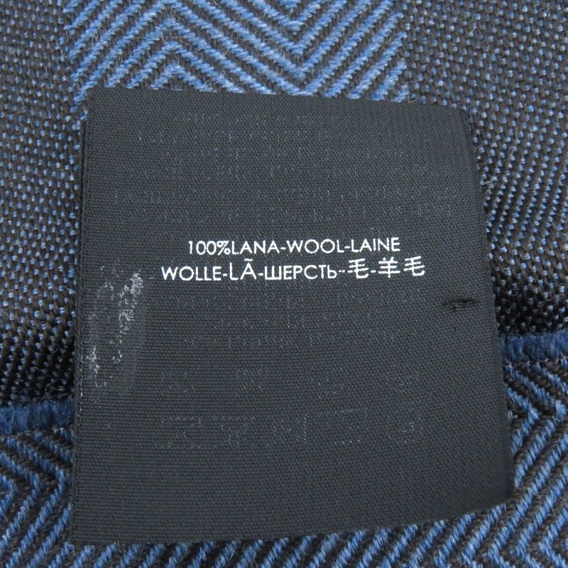 Gucci 100% Wool Herringbone Pattern Logo Embroidery Fringe Scarf Blue Brown 40