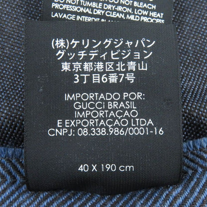 Gucci 100% Wool Herringbone Pattern Logo Embroidery Fringe Scarf Blue Brown 40