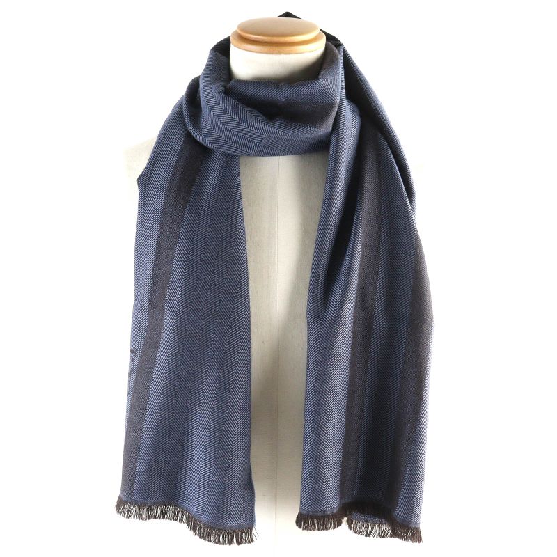 Gucci 100% Wool Herringbone Pattern Logo Embroidery Fringe Scarf Blue Brown 40