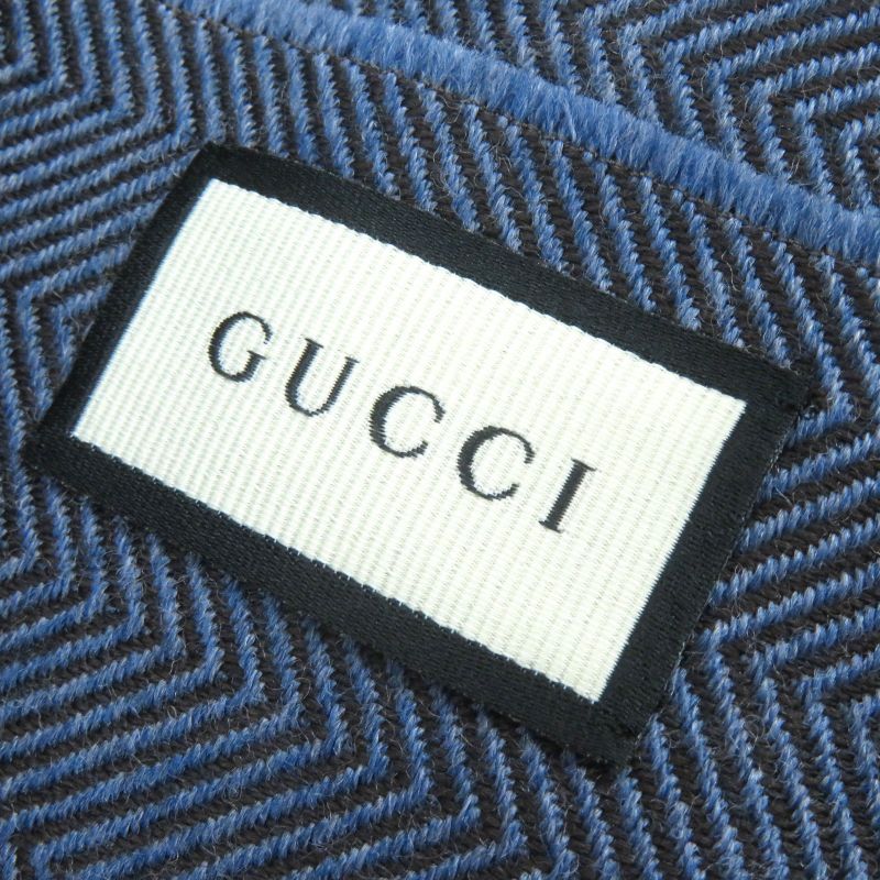 Gucci 100% Wool Herringbone Pattern Logo Embroidery Fringe Scarf Blue Brown 40