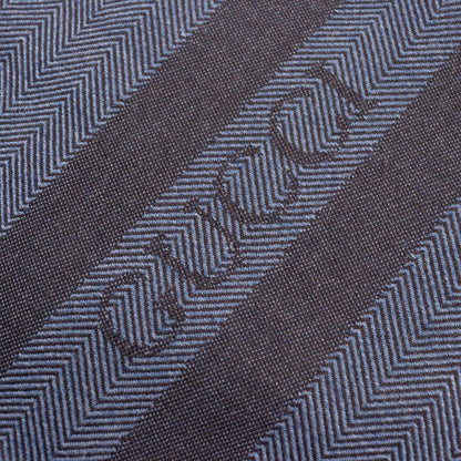 Gucci 100% Wool Herringbone Pattern Logo Embroidery Fringe Scarf Blue Brown 40