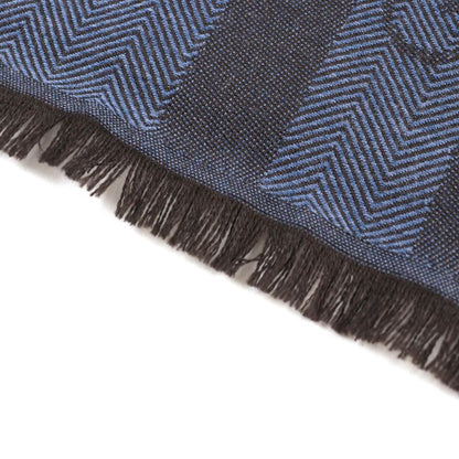 Gucci 100% Wool Herringbone Pattern Logo Embroidery Fringe Scarf Blue Brown 40