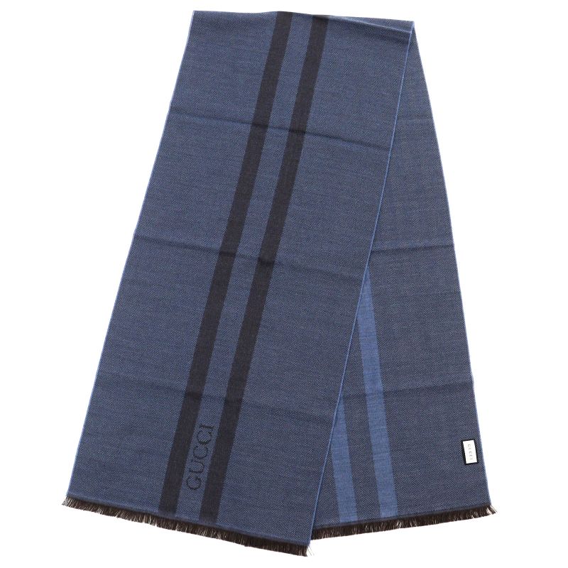 Gucci 100% Wool Herringbone Pattern Logo Embroidery Fringe Scarf Blue Brown 40