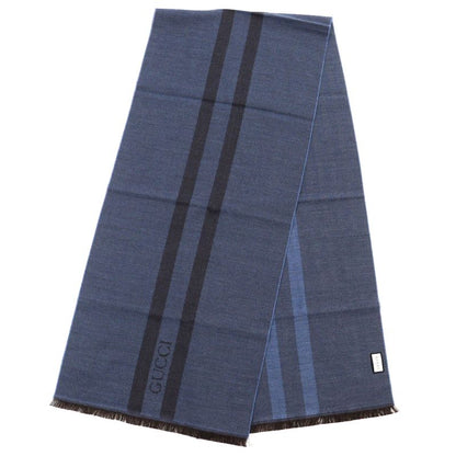 Gucci 100% Wool Herringbone Pattern Logo Embroidery Fringe Scarf Blue Brown 40