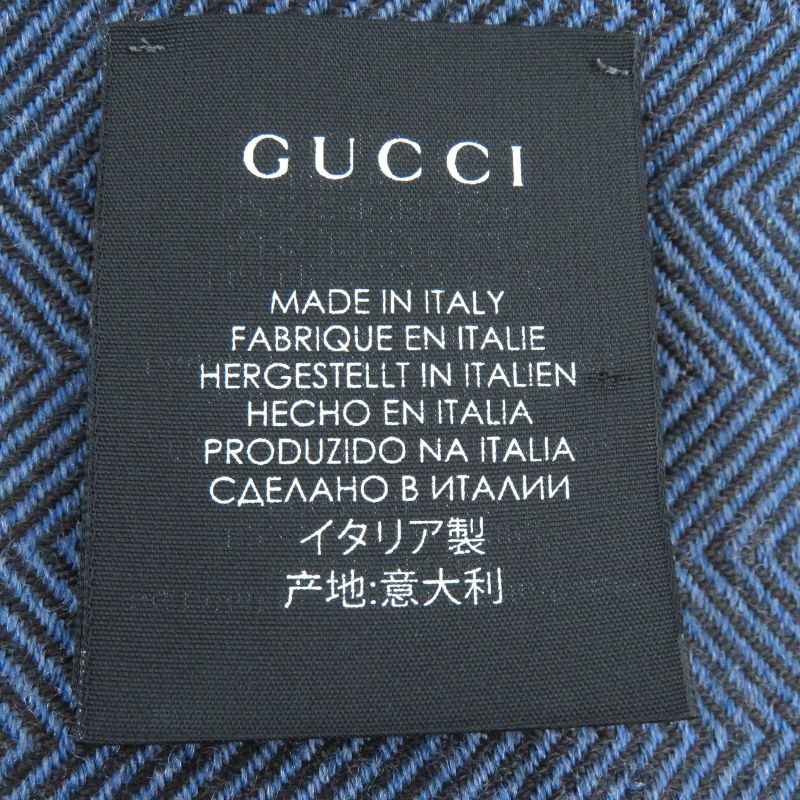 Gucci 100% Wool Herringbone Pattern Logo Embroidery Fringe Scarf Blue Brown 40
