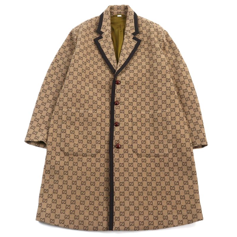 Gucci 598710 GG Jacquard Melton Walnut Buttons Long Length Chester Coat Beige