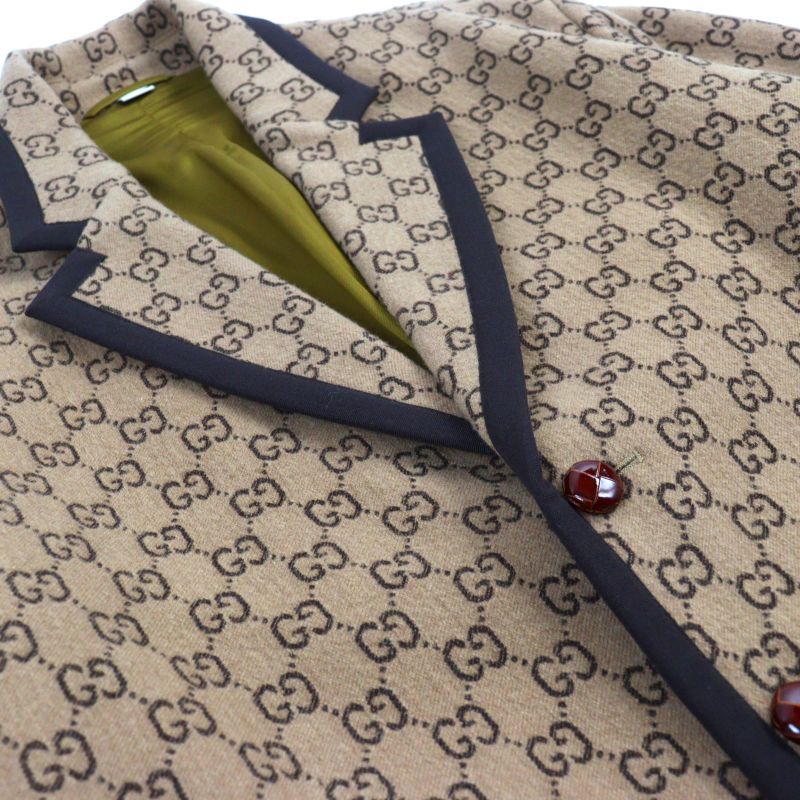 Gucci 598710 GG Jacquard Melton Walnut Buttons Long Length Chester Coat Beige