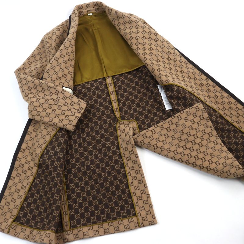Gucci 598710 GG Jacquard Melton Walnut Buttons Long Length Chester Coat Beige