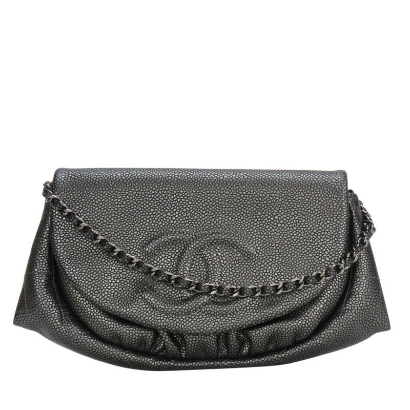 Chanel Shoulder Bag Half Moon Chain Wallet Metallic Soft Caviar Skin Silver