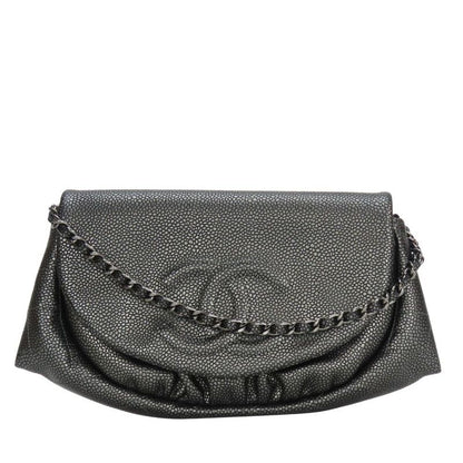 Chanel Shoulder Bag Half Moon Chain Wallet Metallic Soft Caviar Skin Silver