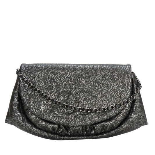 Chanel Shoulder Bag Half Moon Chain Wallet Metallic Soft Caviar Skin Silver