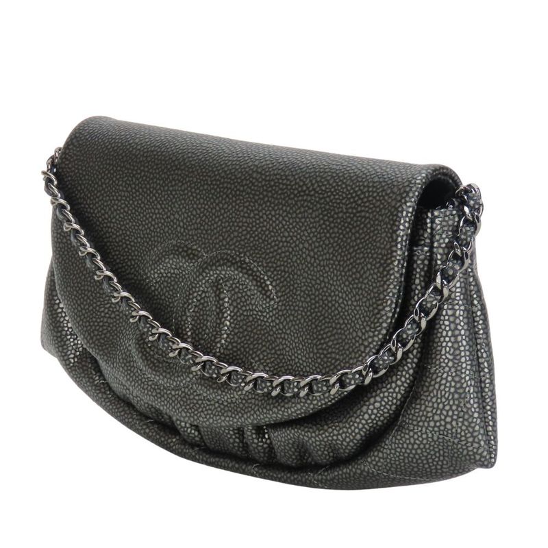 Chanel Shoulder Bag Half Moon Chain Wallet Metallic Soft Caviar Skin Silver