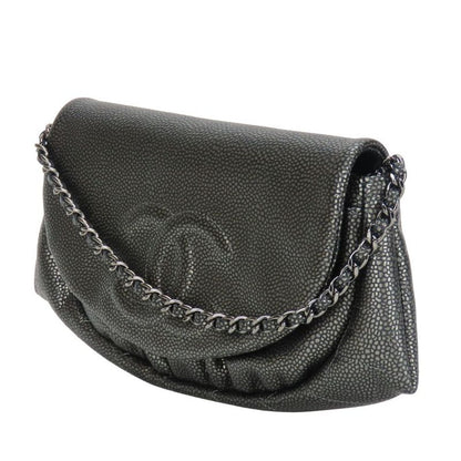 Chanel Shoulder Bag Half Moon Chain Wallet Metallic Soft Caviar Skin Silver