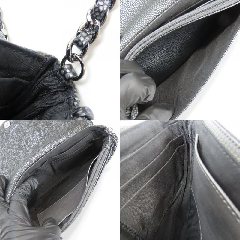 Chanel Shoulder Bag Half Moon Chain Wallet Metallic Soft Caviar Skin Silver