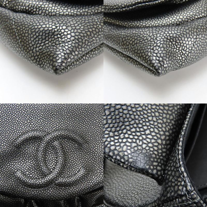 Chanel Shoulder Bag Half Moon Chain Wallet Metallic Soft Caviar Skin Silver