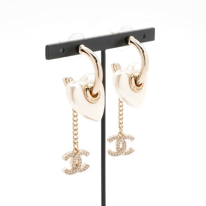 Chanel Earrings Earring Gold White Coco Mark Rhinestone Heart Hoop