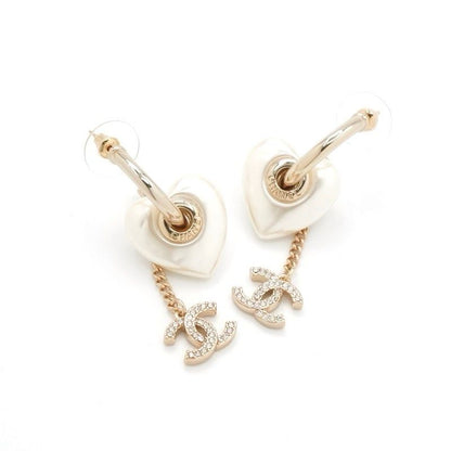 Chanel Earrings Earring Gold White Coco Mark Rhinestone Heart Hoop
