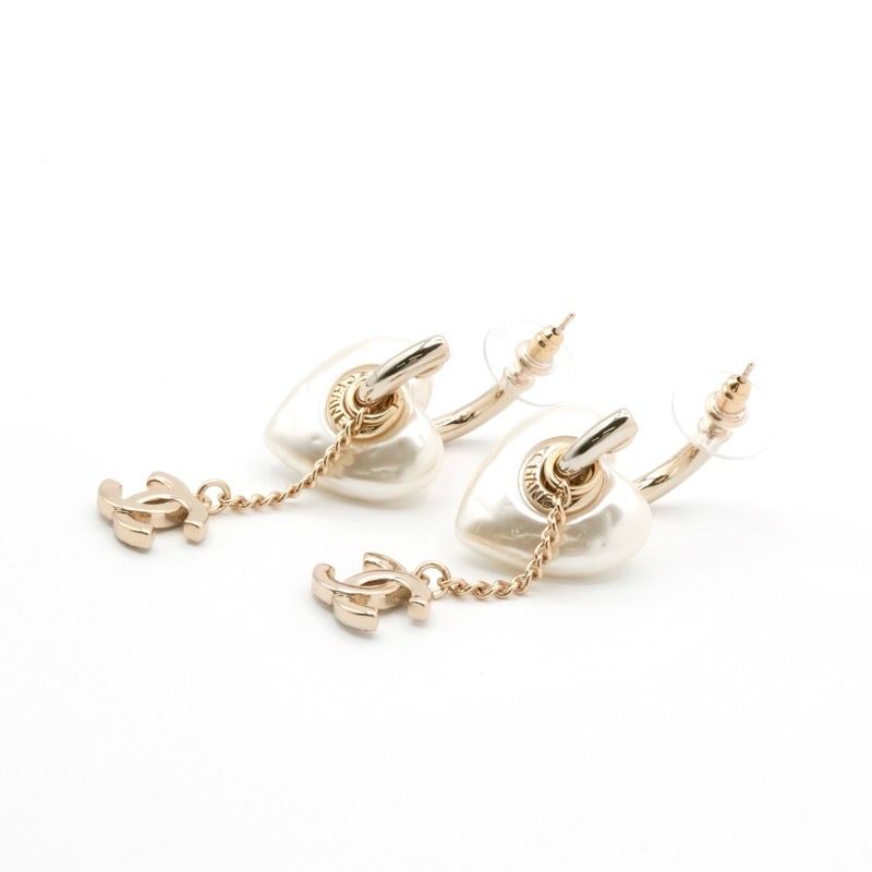 Chanel Earrings Earring Gold White Coco Mark Rhinestone Heart Hoop