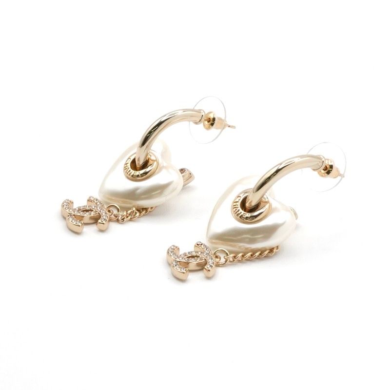 Chanel Earrings Earring Gold White Coco Mark Rhinestone Heart Hoop