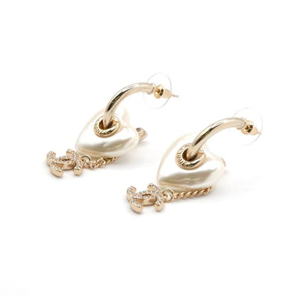 Chanel Earrings Earring Gold White Coco Mark Rhinestone Heart Hoop