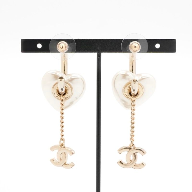 Chanel Earrings Earring Gold White Coco Mark Rhinestone Heart Hoop