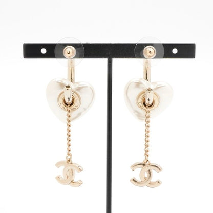 Chanel Earrings Earring Gold White Coco Mark Rhinestone Heart Hoop