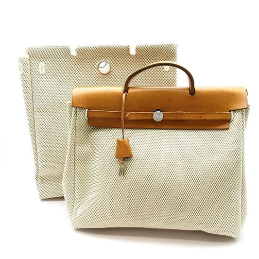 Hermes Herbag Her Bag MM Toile GM Calf Women's Backpack Daypack Natural