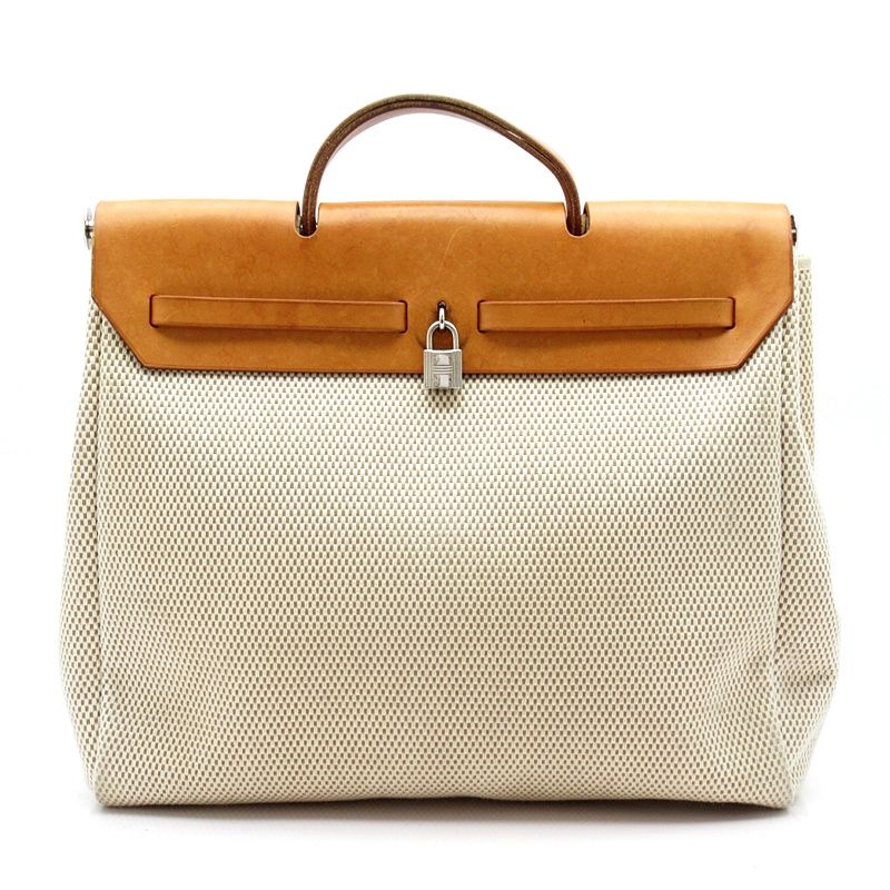 Hermes Herbag Her Bag MM Toile GM Calf Women's Backpack Daypack Natural