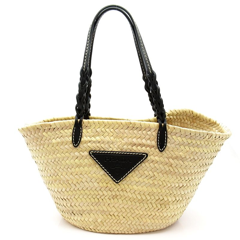 Prada Woven Palm Tote Bag 1bg314 Straw Wicker Leather Women's Tote Natural Black