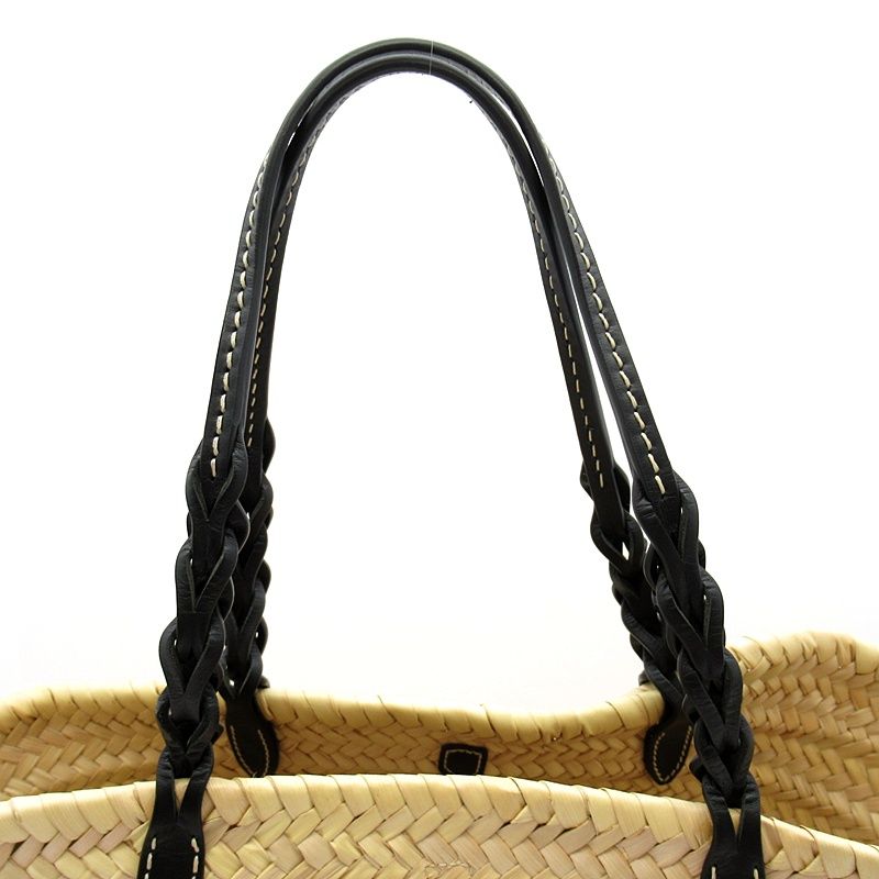 Prada Woven Palm Tote Bag 1bg314 Straw Wicker Leather Women's Tote Natural Black