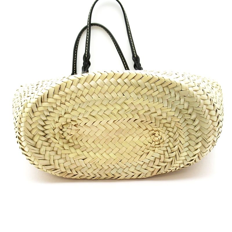 Prada Woven Palm Tote Bag 1bg314 Straw Wicker Leather Women's Tote Natural Black