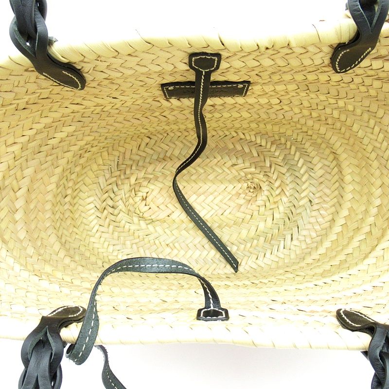 Prada Woven Palm Tote Bag 1bg314 Straw Wicker Leather Women's Tote Natural Black