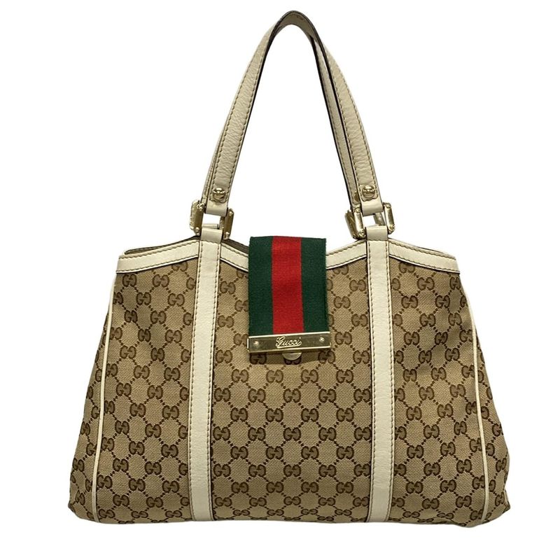 Gucci Tote Bag GG Patternsherry 233609 Beige Dark Brown And White Leather