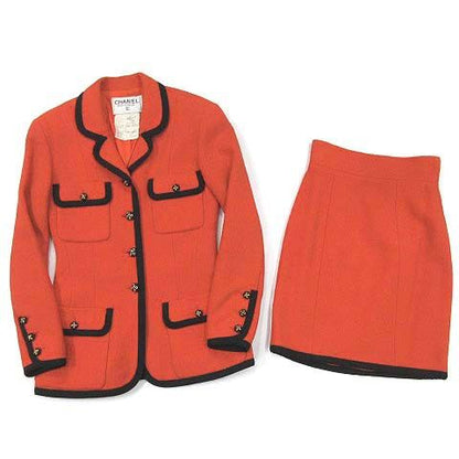 Chanel Boutique Skirt Suit Top And Bottom Setup Piping Wool Jacket 20015 Orange