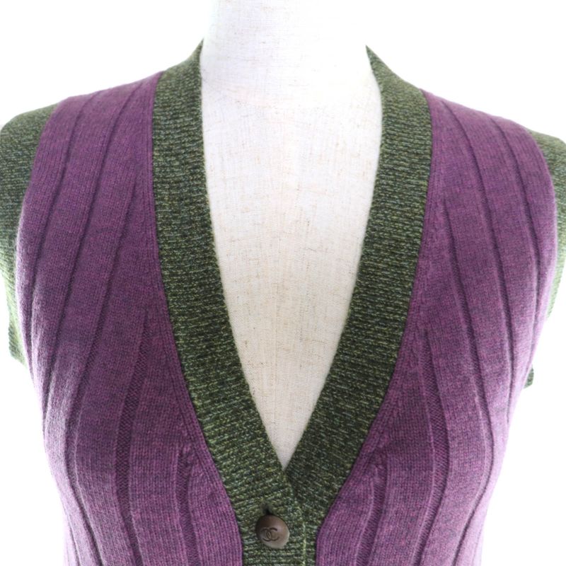 CHANEL Vintage 97A P09121 100% Cashmere Coco Mark Button V-neck Knit Vest